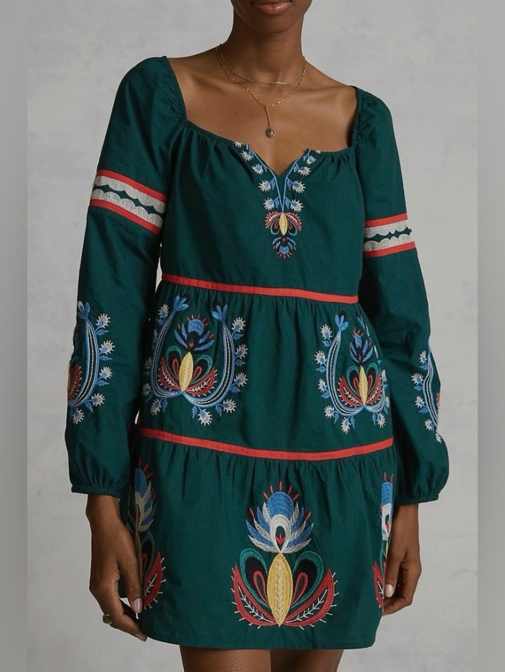 Anthropologie Embroidered Green Bohemian Vibe Dress